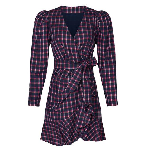 Tanya Taylor Plaid Mini Wrap Dress Blue Purple Size 4 Designer Romantic $475 - Picture 4 of 10